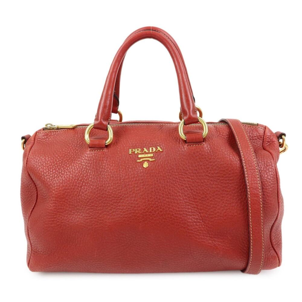 Prada Logo Calfskin Handbag Red Leather